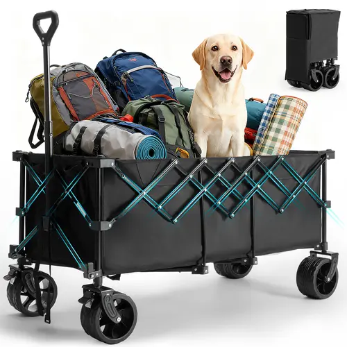 【Summer Sale】Sweetcrispy Wagon Cart Collapsible 440lbs Foldable Extra Long Heavy Duty Utility Wagon with Wheels, Portable Storage Grocery Cart for Camping, Shopping, Sports, Beach, Garden