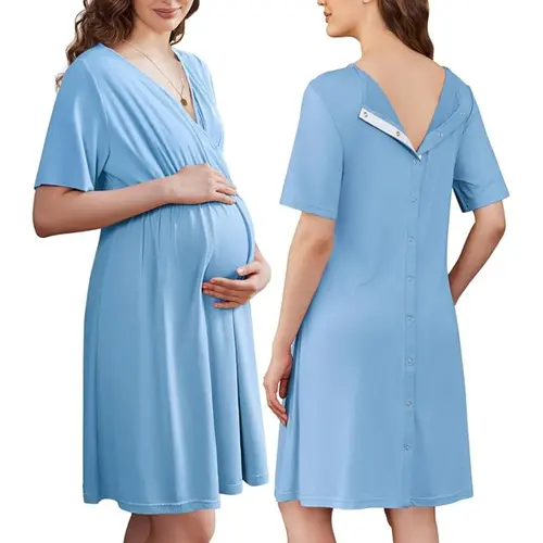 Ekouaer Women's Short Sleeve V-Neck Maternity Nursing Gown - Skin-Friendly Robe with Button Accents, Women's Clothes for Pregnancy, Labor Use (S-XXL) | Momlife Maternity Clothing, Labor Day Outfits