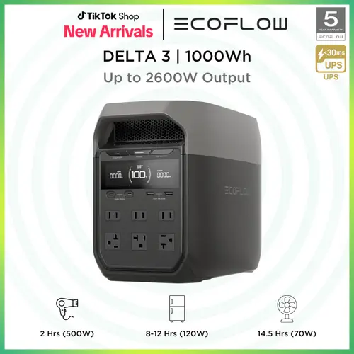 EF ECOFLOW DELTA 2/DELTA 3 Series Portable Power Station, Full Charge in 56 Min, 1024Wh LFP Battery, 1800W AC Output, Solar Generator