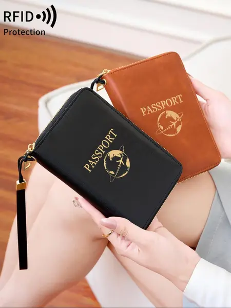 Passport Case with Card Slot, PU Leather Passport Holder with Wristband, RFID Blocking Travel Wallet and Document Holder for Women & Men, Passport Cover, Travel Accessories, Ideal Christmas or Valentine's Day Gift
