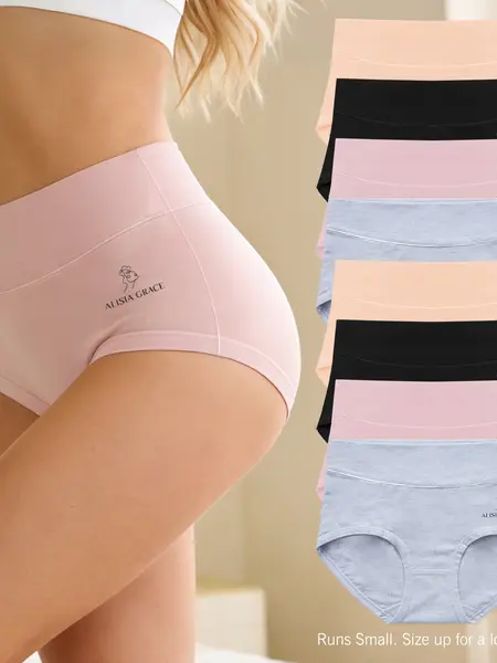 Women's High Waist Cotton Underwear in Muti-packs: 8pcs, 4pcs; - Hipster Style, Full Coverage Soft Ladies Briefs , Womenswear, Fit Breathable Everyday Cotton Underwear Solid Seamless Panties (Size Up)