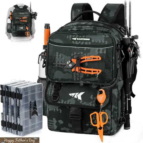 【Summer Wins】KastKing BaitSpace 50L Fishing Tackle Backpack with Removable Bait Binder & 4 Tackle Boxes, Rod Holders Storage Fishing Gear SummerVibes
