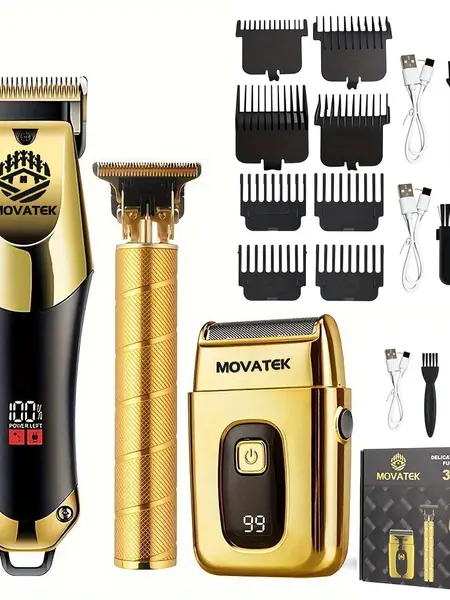 3-Piece Professional Blonde Hair Clipper & Trimmer Kit for Men - USB-Rechargeable Barber Set Featuring LCD Display, Adjustable Blade Hair Clippers, and Professional Men's Trimmer Hair Cutting Kits