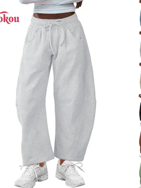 Yeokou Women's Soft Minimalist Basic Plain Casual Bottoms, Drawstring Elastic Waisted Barrel Leg Cotton Wide Leg Pants with Pockets,summerwins