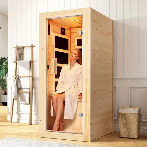 [Summerwins] AMERLIFE Infrared Sauna for 1/2/4 Person, Low EMF 930W/110V&1463W/110V&2145W/110V Hemlock Wood Sauna with Tourmaline Foot Warmer, 7-Color Light Therapy, Salt Crystal Bricks, Easy Assembly