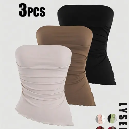 2026 Valentine's Day Women's 3-Piece Autumn/Winter Ruched Strapless Tube Top Set, Casual Fashion Sports Multicolor High-Elastic Slim Tops with Lettuce Trim