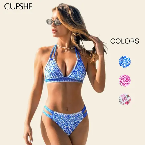 CUPSHE Boho Shell Stitch Bikini Sets | 2026 Mediterranean Blue Halter Two Piece Swimsuit | Trendy Cheeky Bottoms & Supportive Removable Cup Bathing Suit Bathing suit #DealsForYouDays