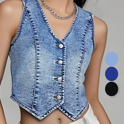 Women's Summer Cropped Slim Denim Vest, Stretch V-Neck Western Country Style Sleeveless Jean Waistcoat