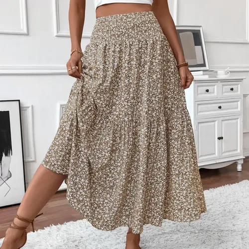 Women's Ditsy Floral Print Ruffled Skirt, Boho Casual Fit A Line Maxi Long Skirt for Beach Holiday Vacation, Ladies Summer Clothes, Womenswear, Bohemian Summer Skirts