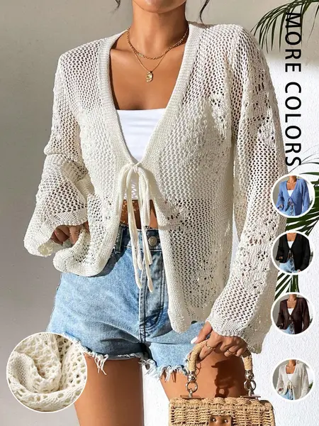 Women's Fitted Plain Sheer Tie Front Knitting Cardigan, Casual Elegance Long Sleeve Cardigan for Daily Wear, Ladies Knitwear for All Seasons, Womenswear