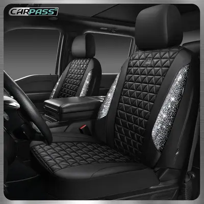 CAR PASS Bling Diamond Leather Car Seat Covers Full Set, Waterproof, Shining Glitter Sparkly Crystal Design, Universal Fit with Armrest, for Auto Truck SUV Cute for Women