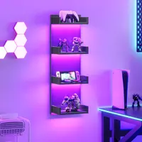 HOOBRO Floating Wall Shelves with LED Lights, 4-Tier Floating Shelf Wall Mounted for Storage, Vertical Display Stand, Modern Column Rack, for Bedroom, Living Room, Hallway, Black #SummerVibes