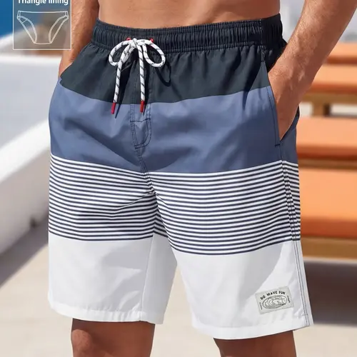 Men's Striped Swim Trunks, Casual Comfy Breathable Swim Shorts for Summer Outdoor Activities, Activewear Swimwear for Beach Vacation, Drawstring Swim Bottoms, Pockets Swimming Shorts