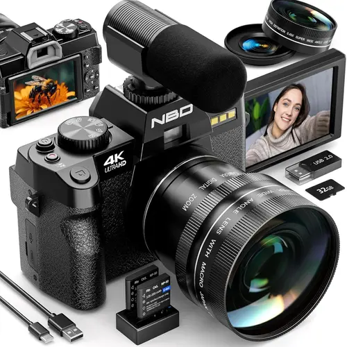 NBD S100 Digital Camera 48MP 4K 180° Flip Screen 16X Digital Zoom 2 Batteries Easy Setup Auto Focus for Beginners PC Camera Enthusiasts Black Pink digital cameras Wireless Compact, Vlogging Camera For YouTube,father'sdaygifts