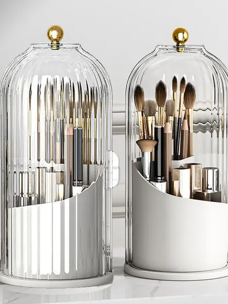 360-Degree Rotating Makeup Brush Holder with Transparent Door Lid, Beauty Supplies Organizer, Cosmetic Storage Box for Vanity Bathroom Desktop Countertop summerwins,summerwins