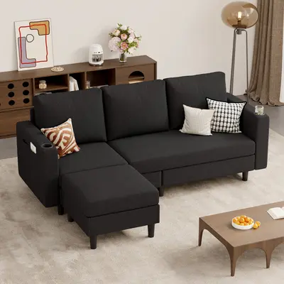 Upholstered Modular Sectional Sofa Set - 78'' L-Shaped 3-Seat Reversible Asymmetrical Sectional Couch, Washable Linen Fabric Beige Pet-Friendly Convertible Living Room Furniture for Dorm Room, Apartment