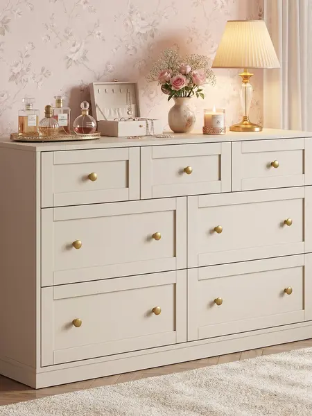 【Summervibes】RoyalCraft 7 Drawer Dresser,3 Drawer Nightstand  with Golden Round Knobs, Large Bedside Table, Modern Wood End Table, Accent Side Table Chest of Drawers for Bedroom, Living Room, Hallway, Closet, White