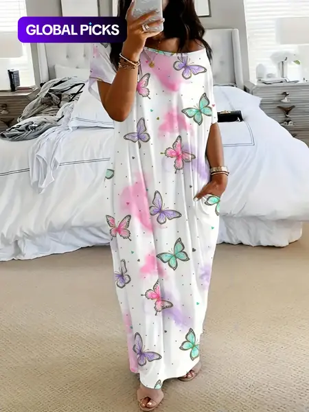 Women's Tie-Dye Butterfly Heart Print Nightgown Sleepwear, Round Neck Loose Fit with Pockets, Comfortable Soft Sleep Dress, Nightwear Loungewear for All Seasons
