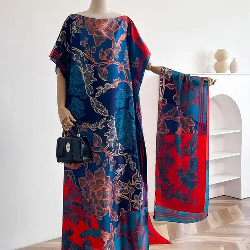 Women's Floral Print Lightweight Long Dress & Scarf Piece Set Outfit, Boho Casual Wear Shawl Dress & Scarf Set for Beach Vacation Holiday, Ladies Clothes for All Seasons