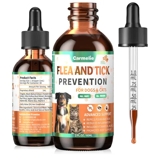 Carmelie Flea & Tick Support Drops for Dogs & Cats Natural Liquid Formula with Vitamins Bacon Flavor All Breeds & Ages Kittens