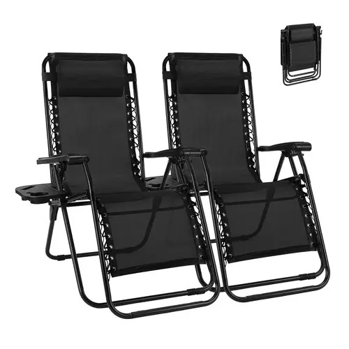 Zero Gravity Set of 2 Folding Lounge Chairs with Cup Holder Trays, Adjustable Pillow, Camping and Poolside Accessory, Outdoor Design, Beach Chair Foldable, Outdoor Lawn Chair,summerwins