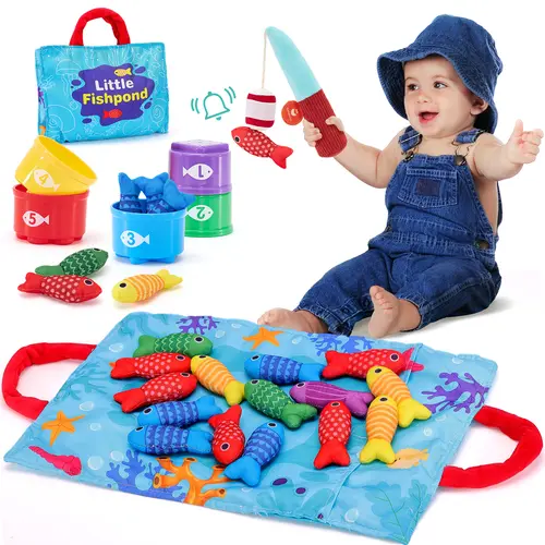 hahaland Toddler Fishing Set-10 in 1 Cloth Fishing Game Toddler Toys with Stacking Cups - Number Counting, Color Sorting Learning,Montessori-Inspired Fishing Game with 22 Pcs for 1 Year Old Boys Girls,Newborn/toddler Birthday Gift,Stackable Fish Buckets