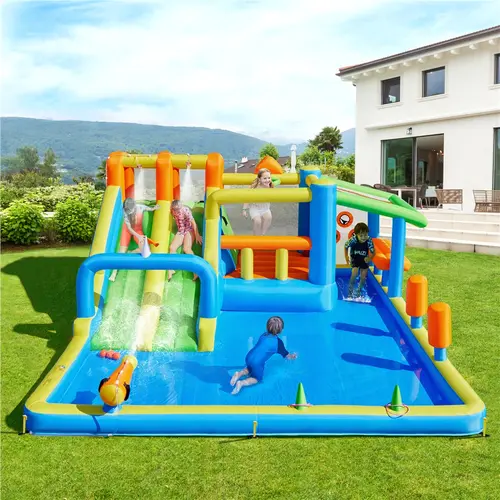【Beautyhackher Exclusive】Yaheetech Inflatable Water Slide w/ 2 Long Slides & Large Climbing Wall & Small Deeper Pool & Awning for Kids Aged 3 to 10, Outdoor Water Slide w/Storage Bag & 950W Blower