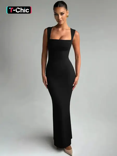 Women's Solid Color Square Neck Bodycon Tank Dress, Elegant Sleeveless Long Dress for Party Night Out Holiday, Ladies Summer Clothes Womenswear, Chic Evening Dresses, Formal Wear, Bodycon Fit Dress