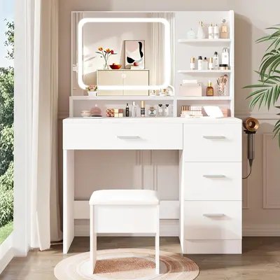 [DealsforYouDays]WeCharmer Vanity Desk Set with Smart LED Mirror, Hairdryer Rack, Power Outlet, Drawers & Open Shelves – All-in-One Beauty Station,summerwins