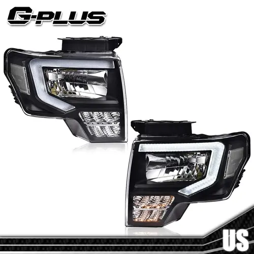 Fit For 2009-2014 Ford F150 F-150 Truck LED DRL Headlights Black/Clear G-PLUS