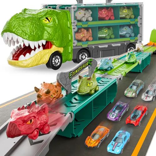 Dinosaur Truck Toys Princess car Unicorn car for Birthday Gift Idea, 2 Player Race Mode, transport carrier truck toddler Toys for Kids, 63 Inch Foldable Race Tyrannosaurus Track with 6 Dino Cars & 6 Die-cast Cars Durable Safety, kids christmas gifts summe