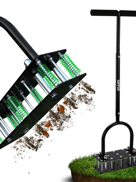 【DealsForYouDays】RIFPOD Lawn Aerator - Aerator Lawn Tool, Automatic Dirt and Leaf Clean Design, Heavy Duty Manual Lawn Aerator Tool with 15 Iron Spikes, Height Adjustable, Yard Grass Aerator for Lawn (Black)