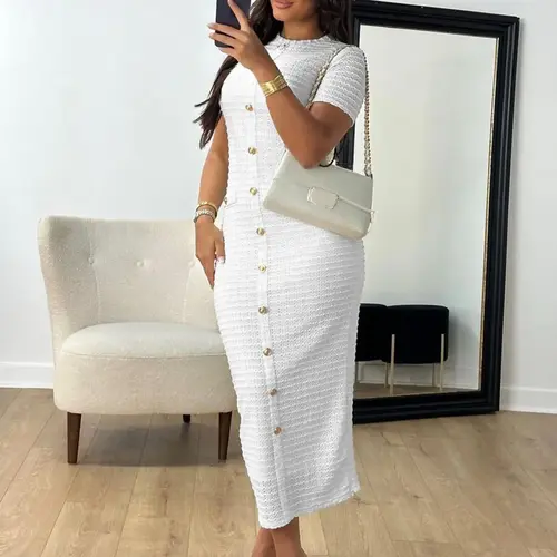 Women's Plain Zipper Back Round Neck Dress, Casual Fake Button Decor  Short Sleeve Crew Neck Dress for Daily Wear, Ladies Elegant Clothes for All Seasons
