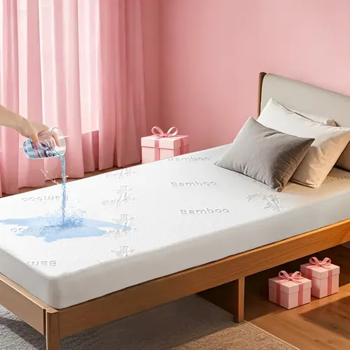 【BEDLORE】Bamboo Leaf Pattern Dark Waterproof Fitted Sheet for Winter, Dustproof & Breathable Bed Sheet with Deep Pockets (Fits 6–18 Inches), Bedding for Home, Hotel & School HomeEssentials