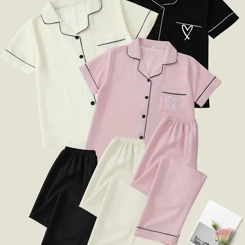 Women's Heart Embroidery Notch Collar Short-Sleeve Pocket Pajama Set, Casual Comfy Shirt & Shorts Sleepwear & Loungewear for All Seasons