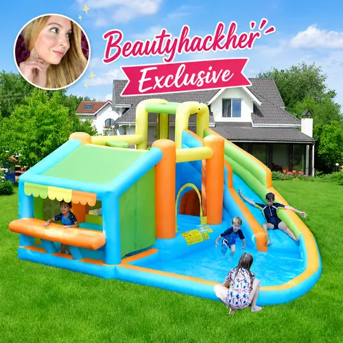 【Beautyhackher Exclusive】Yaheetech 8-in-1/10-in-1 Inflatable Bounce House with Splash Pool, Slide, Climbing Wall, and Market Stand for Kids Ages 3-10, 520W Blower, Portable & Multifunctional Playground Set