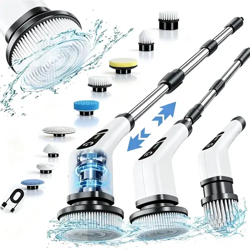 Electric Spin Scrubber, Cordless Shower Scrubber IPX7 Waterproof Power Scrubber, Electric Cleaning Brush with 9 Replaceable Brush Heads, Adjustable Extendable Handle, 5 Speed Modes for Bathroom, Shower, Tile, Tub, Kitchen & Household Cleaning Supplies sum