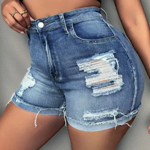Plus Size Ripped High-Waisted Button Fly Medium Wash Denim Jean Shorts, Casual Fashionable Fit Womenswear, Shorts for Daily Outdoor Wear, Women's Bottoms for Summer