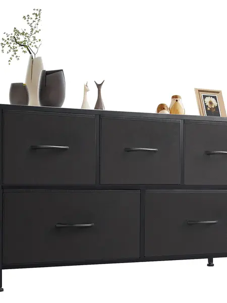 Sweetcrispy Modern Dressers 5-Drawer Storage Chest with Fabric Bins & Black Wood Top, Multifunctional Organization Cabinet for Bedroom & Entryway, Apartment Indoor Cupboards & Cabinets for Room Storage
