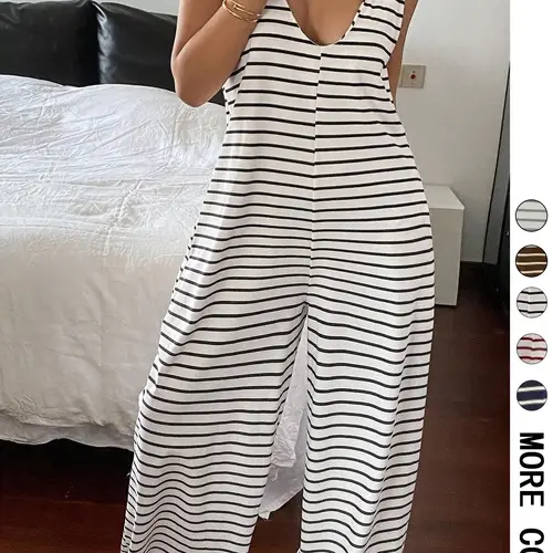 Striped Sleeveless Loose-Fitting Knit Jumpsuit, Casual Overalls, Casual Comfortable One-Piece, Spring & Fall Fashion, Non-Positional Lines Design, Casual Basic Jumpsuit
