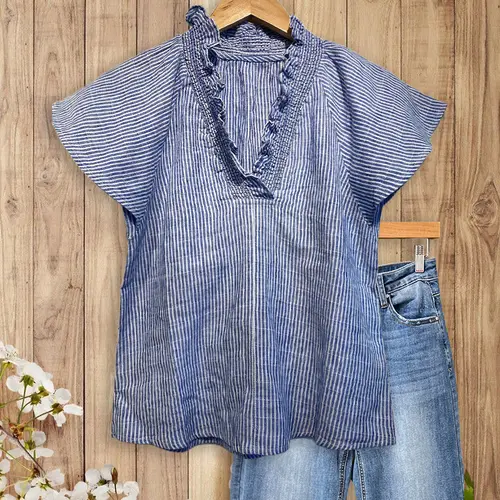 SageVell Blue White Striped Ruffle Neck Blouse Breathable Summer Style, Effortless Casual Chic Top, Fresh Womenswear For moms Teachers Students