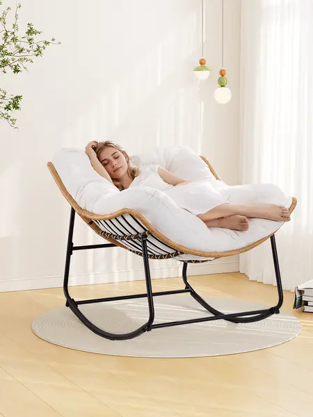 【Double-Side Fabric】ONBRILL Oversized Indoor Outdoor Rocking Chairs, Comfy Papasan Rocking Chair with Padded Cushion, Rattan Wicker Lounge Chair, Modern Reading Accent Chair for Balcony Garden, LivingRoom Furniture,Christmas Gift【DealsforYou】