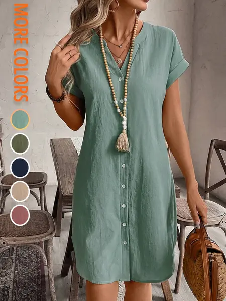 Women's Plain Notched Neck Button Front Dress, Casual Short Sleeve Batwing Dress for Summer, Ladies Clothes for Daily Wear