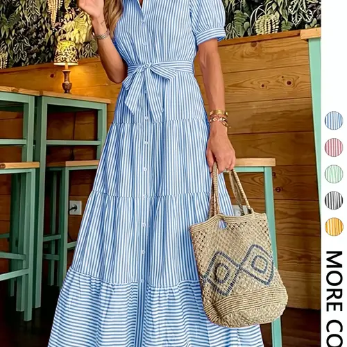 Women's Striped Print Adjustable Belted Button Dress, Elegant Chic Casual Fashion Long Dress for Summer, Women's Clothing for Daily Wear, Fit, Womenswear