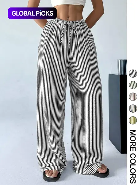 Women's Striped Print Adjustable Drawstring Waist Pants, Casual Comfy Wide Leg Trousers for Daily Wear, Ladies Bottoms for All Seasons