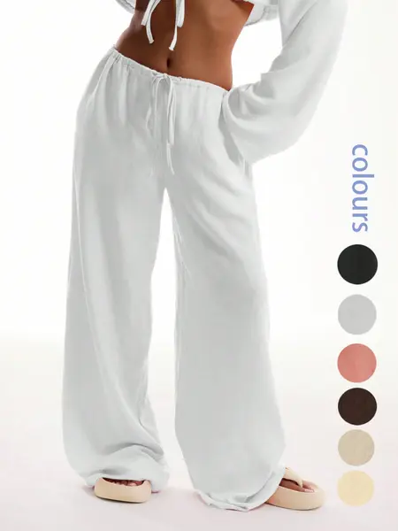 Women's Solid Pocket Pants, Casual Comfy Woven Fabric Wide Leg Trousers for Beach Vacation Holiday, Ladies Bottoms for All Seasons, Baggy Legged Pants