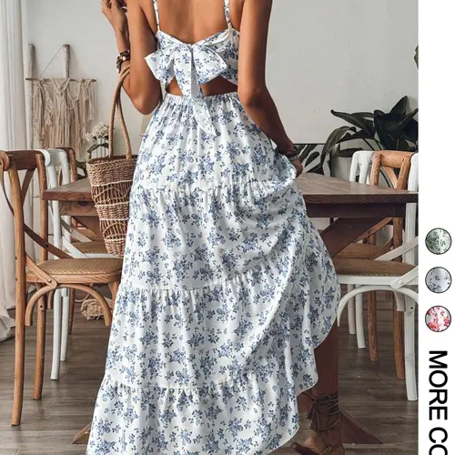 1 Pc Women's Boho Bohemian Floral Tiered Maxi Dress, Spaghetti Straps, Sleeveless and Back Cutout Bow Detail, Flowy Tiered Dress with Ruffle Hem, Lightweight Fabric, Multiple Floral Prints