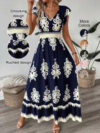 Women's V Neck Ruffle Hem A-Line Dress, Ruffled, Elegant Aesthetic All over Print, Elastic Waist, Moderate Fabric, Casual Vacation Wear