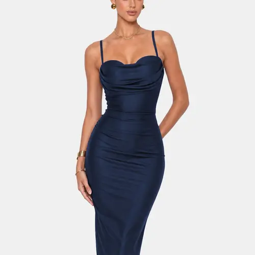 CurvySweet Thea Women's Summer Elastane Bodycon Midi Dress - Ruched Slim Fit, Spaghetti Strap, Sleeveless, Backless Formal Wear - Elegant Dresses for Women for Going Out, Date Night