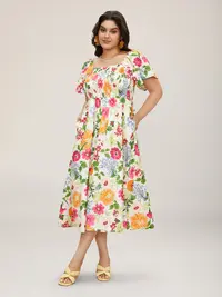 BLOOMCHIC Plus Size Floral Midi Dress [M-6X] - Square Neck Ruffle Sleeve Shirred Waist Casual Summer Dress with Pocket, Boho Vacation Outfit for Women, Ruffled Short-Sleeve Shirred Square Neck with Floral Pocket,summeroutfits,vacationoutfits,Summerfinds